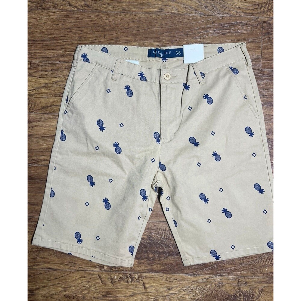 Pacific Blue Men’s Khaki Chino Shorts Blue Pineapple Design size 36 New